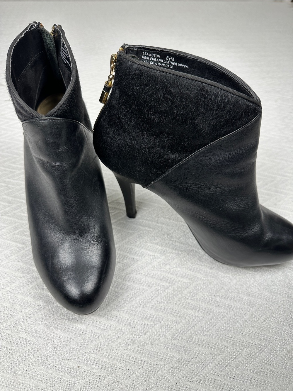 MTNY Calf Hair Platform Black Leather Zip Ankle Stiletto Booties Gold zipper